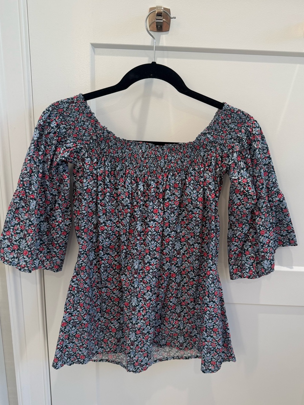 Smocked Off-Shoulder Floral Peasant Top - dark green with Pink & Blue Floral